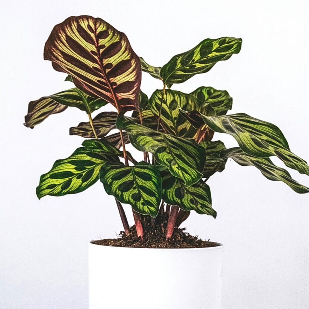 A close up image of a Calathea on a white background. This houseplant makes a stunning addition to dimly lit spaces. 