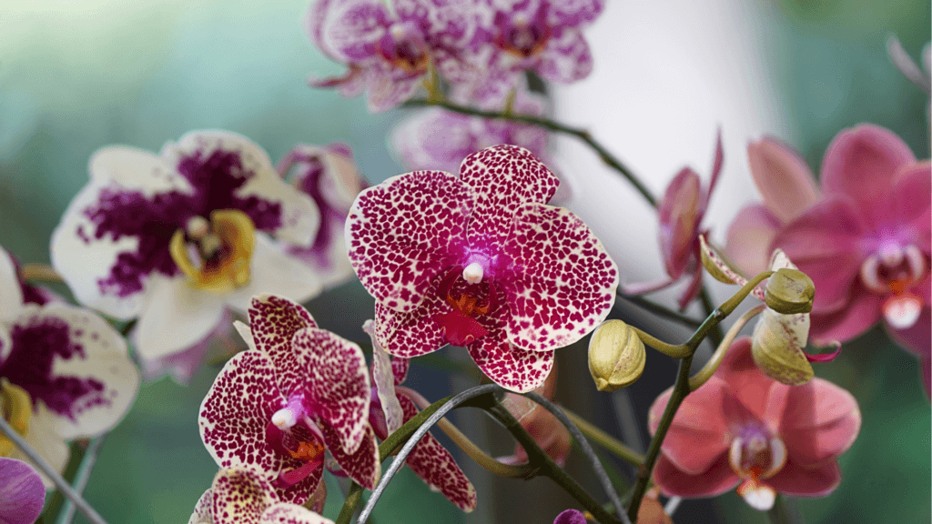 A collection of colourful orchids, introducing a section on orchid care. 